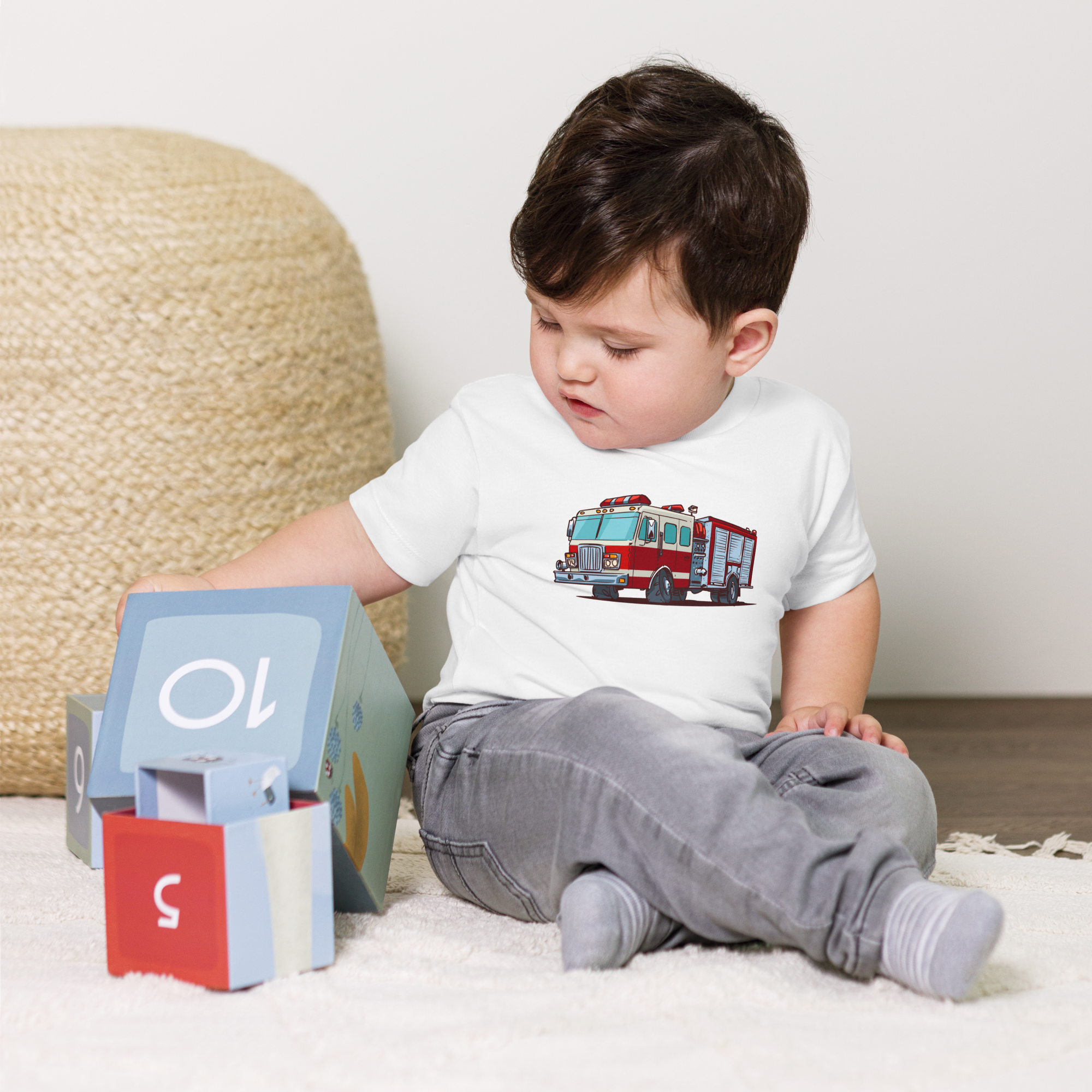 Toddler T-Shirt with Fire Truck - Fire Engine Art Kids Shirt, Birthday Gift for Boys and Girls Who Love Fire Trucks