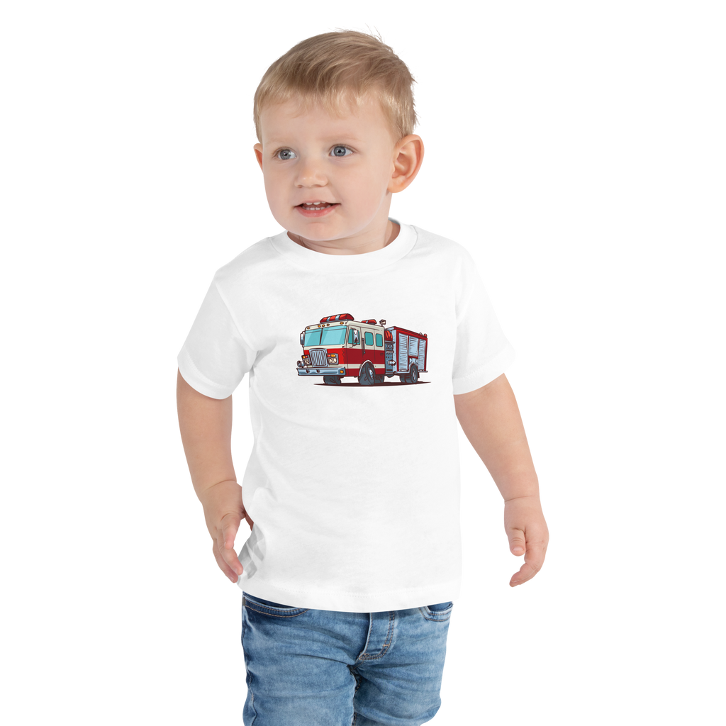 Toddler T-Shirt with Fire Truck - Fire Engine Art Kids Shirt, Birthday Gift for Boys and Girls Who Love Fire Trucks
