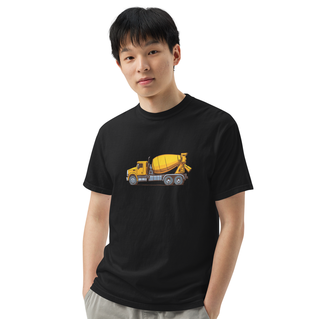 T-Shirt with Concrete Mixer Truck #1 on Heavyweight - Original Construction Truck Art, Garment-Dyed Tee
