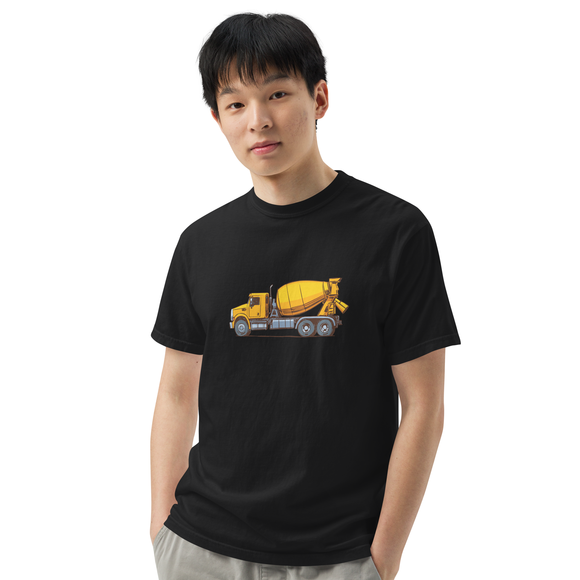 T-Shirt with Concrete Mixer Truck #1 on Heavyweight - Original Construction Truck Art, Garment-Dyed Tee